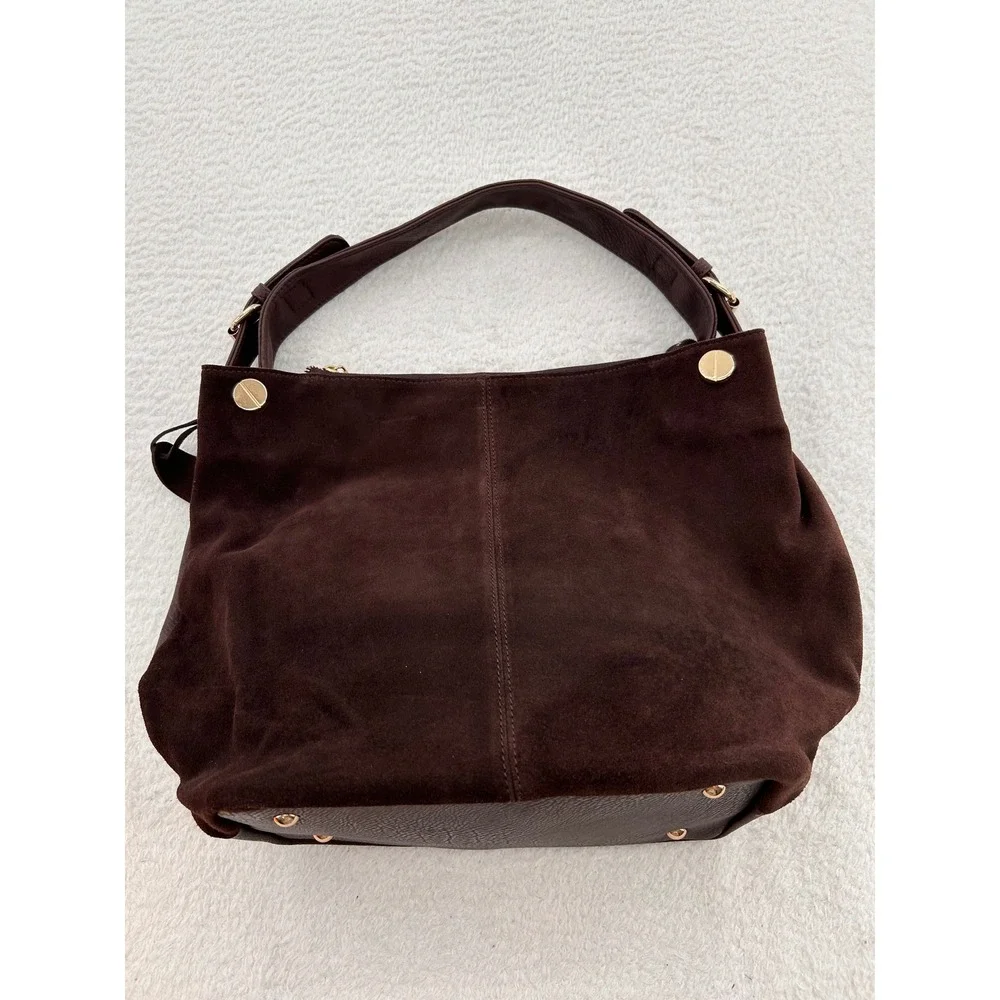 Nico Louise Women Chocolate Brown Pebbled Hobo Shoulder Bag Suede Leather Look